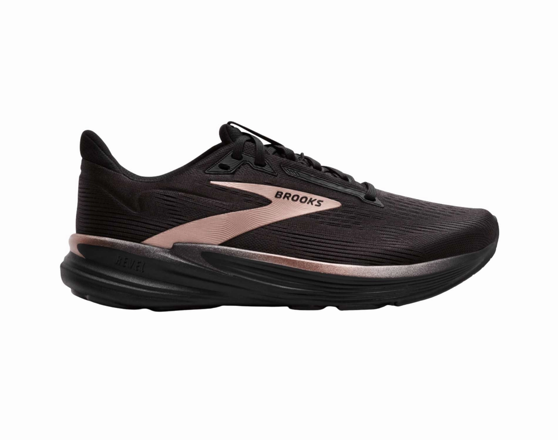 Black womens running shoe with rosegold accents on a white background