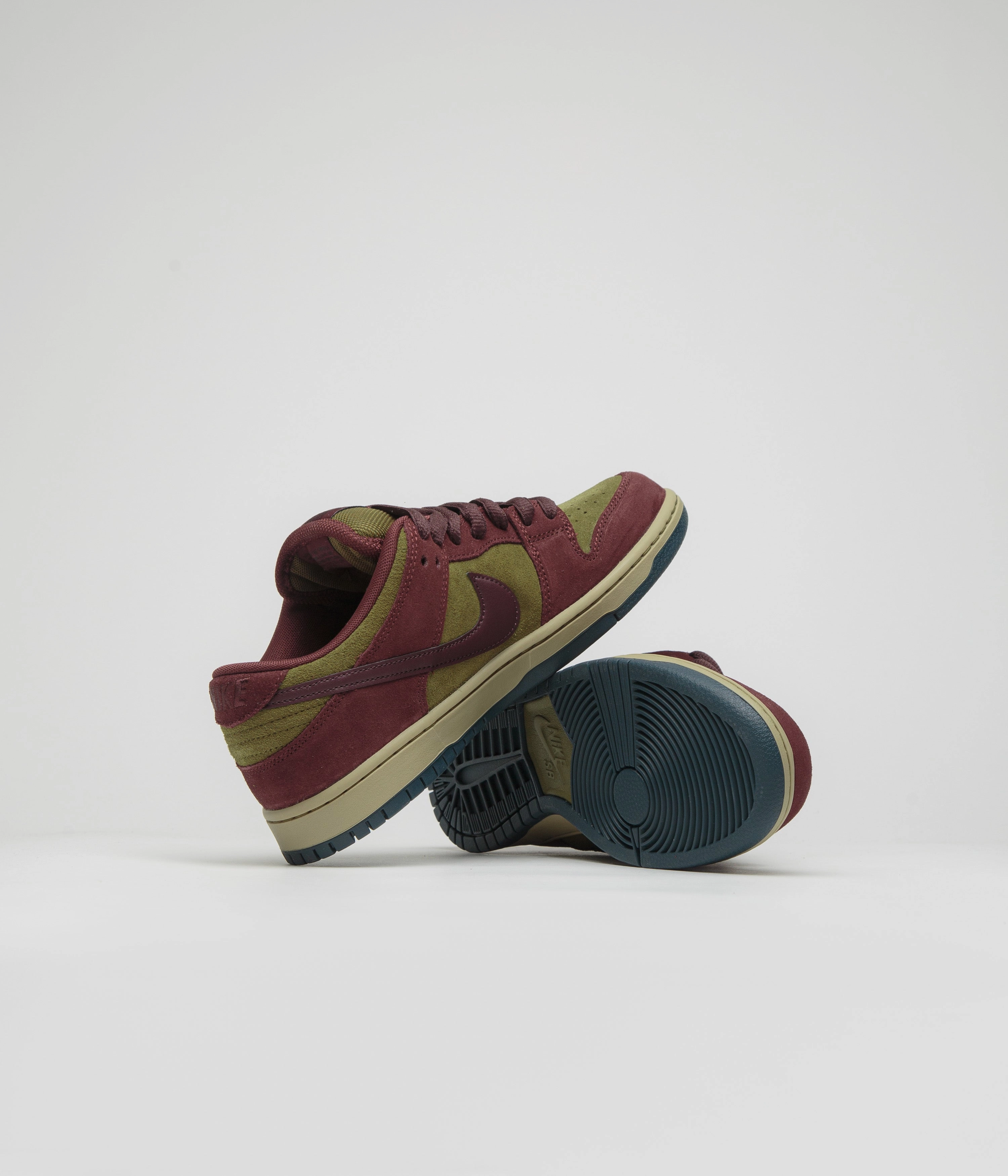 Nike SB Dunk Low Pro Shoes - Dark Team Red / Burgundy Crush - Olive Flak Good - Grip Tongue