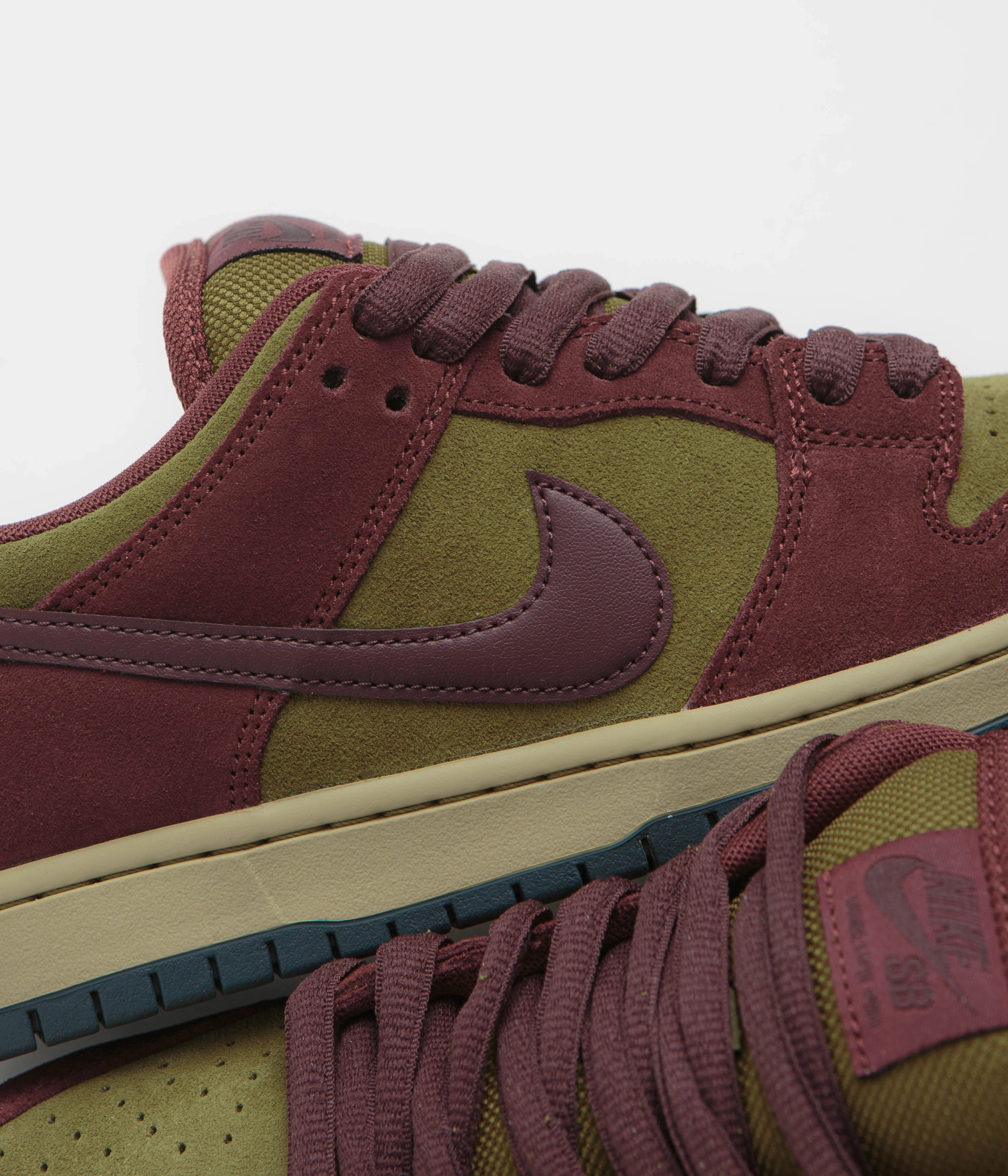 Nike SB Dunk Low Pro Shoes - Dark Team Red / Burgundy Crush - Olive Flak Good - Grip Tongue