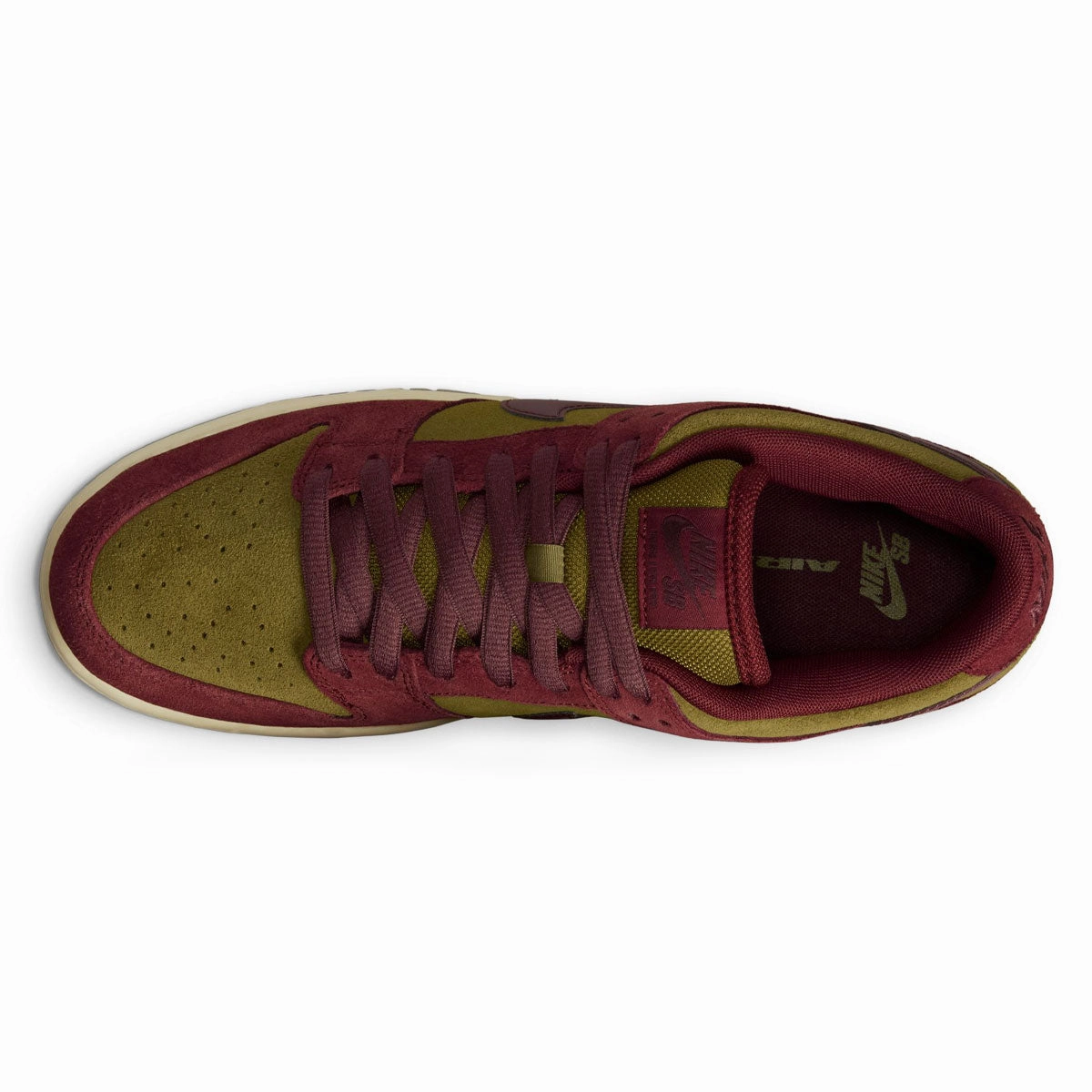 Nike SB Dunk Low Pro Shoes - Dark Team Red / Burgundy Crush - Olive Flak Good - Grip Tongue