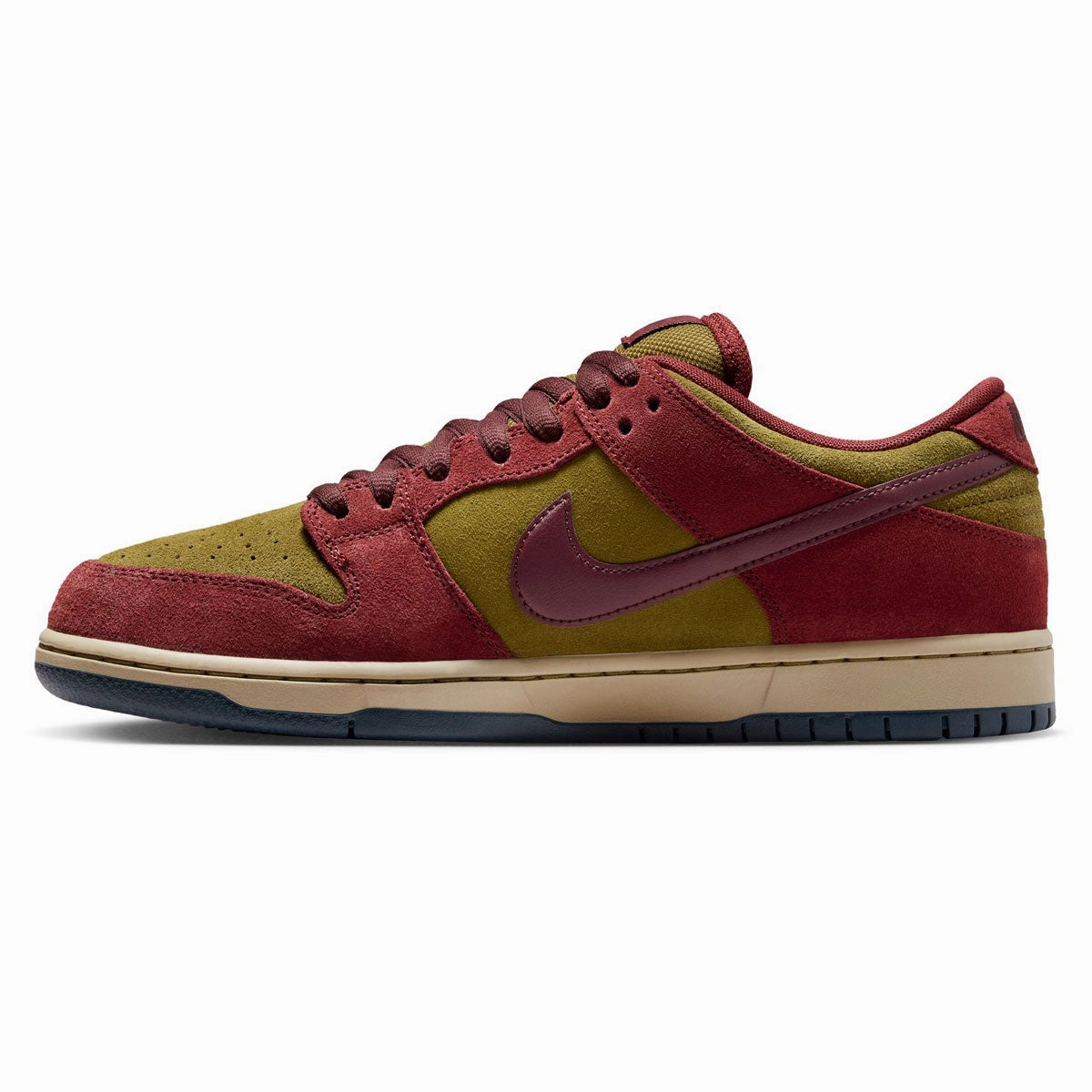 Nike SB Dunk Low Pro Shoes - Dark Team Red / Burgundy Crush - Olive Flak Good - Grip Tongue