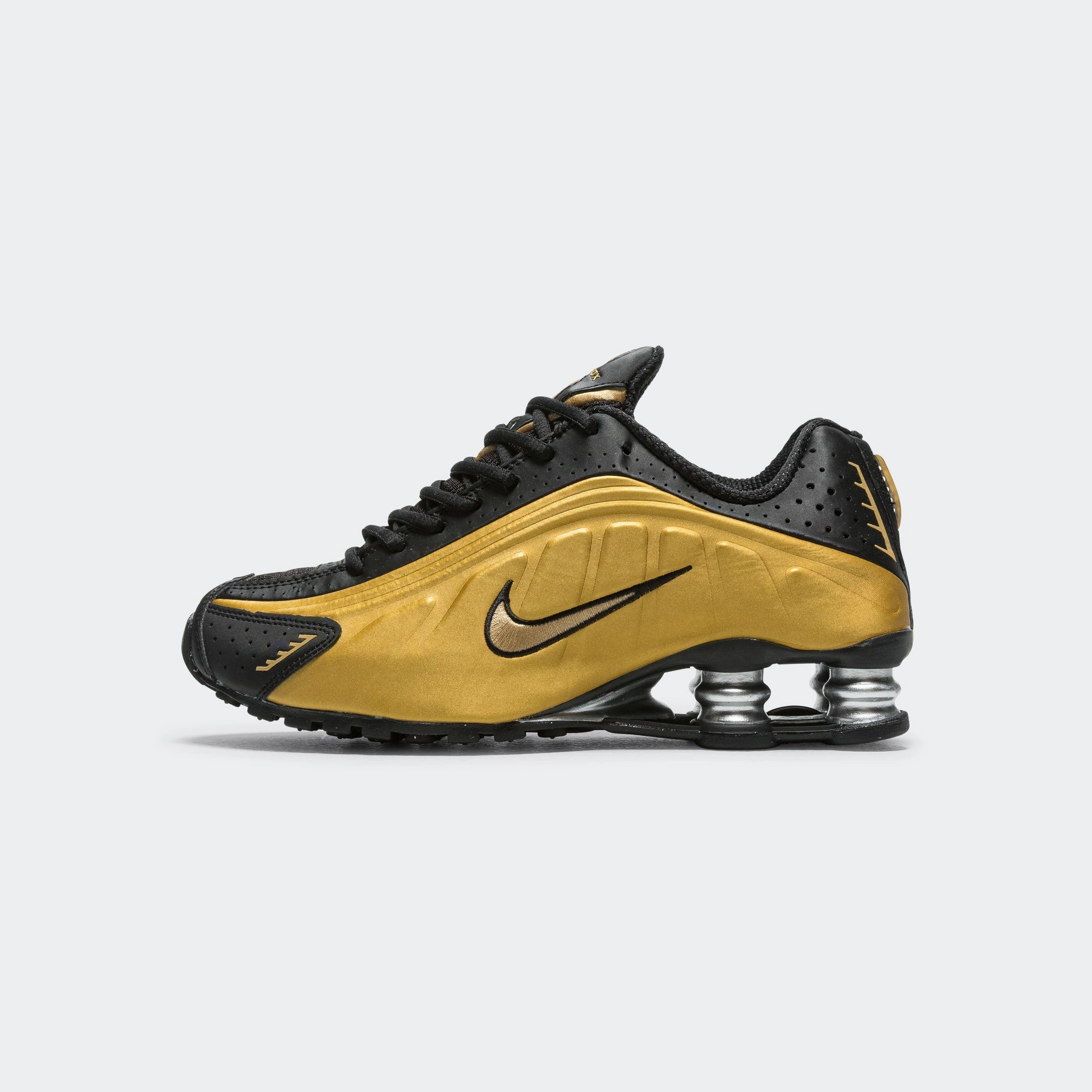 Quick Slip All Wear Womens Shox R4 - Black/Metallic Gold-Metallic Silver