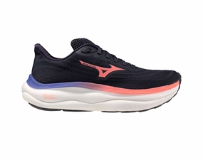 Mizuno Wave Sky 9 women's running shoe in black, with pink and blue accents with white midsole
