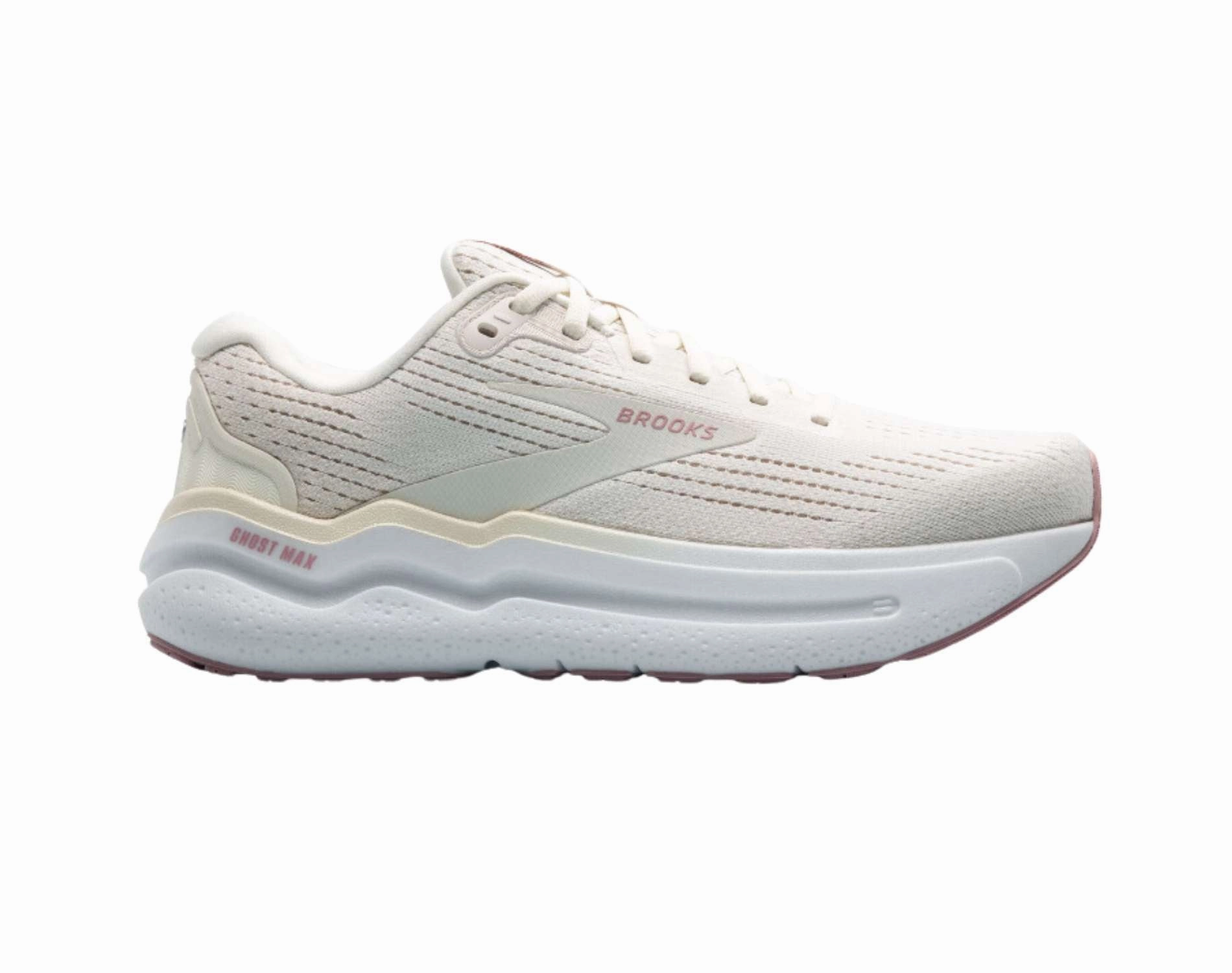 A pair of Brooks Ghost Max 2 Womens running shoes in white with red accents.