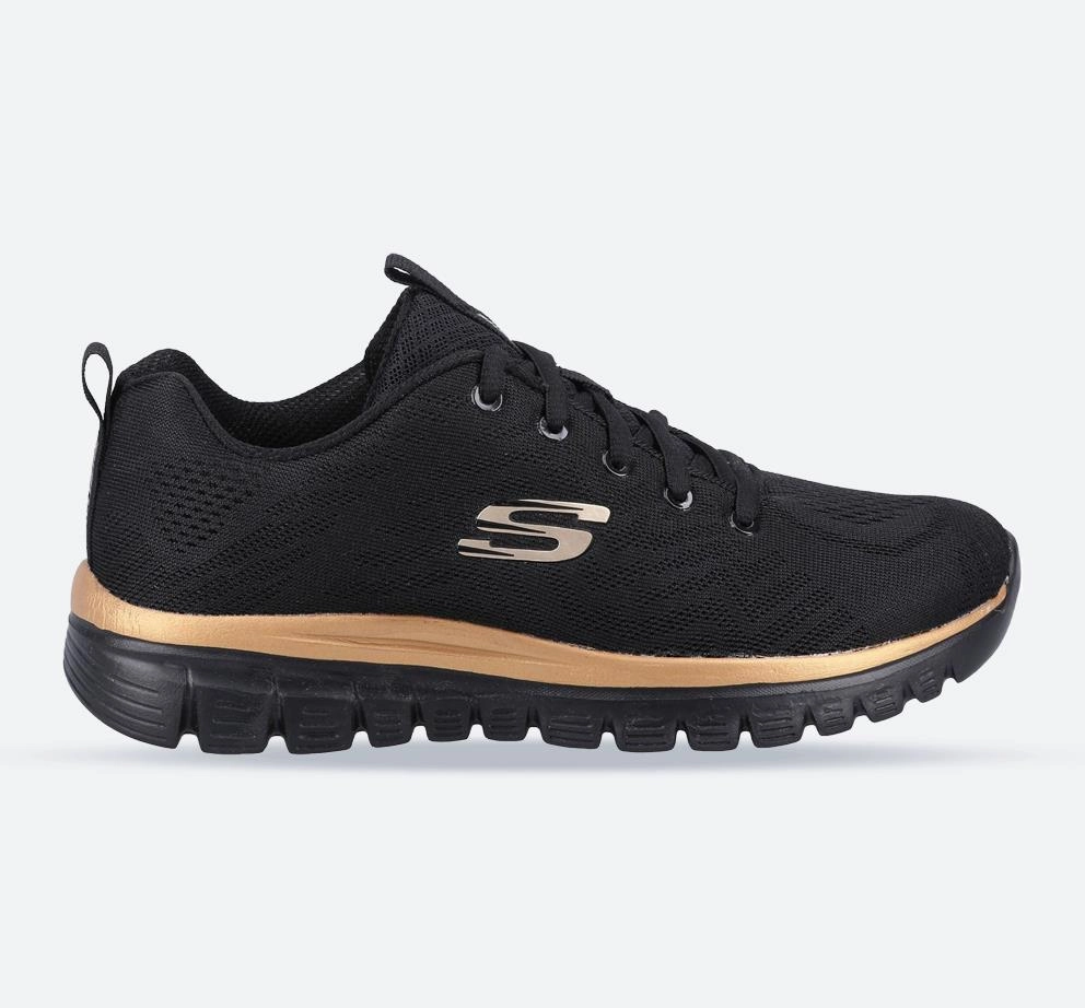 Women's Wide Fit Skechers 12615  Graceful Get Connected Sports Sneakers - Black/Rose Gold Structured grip