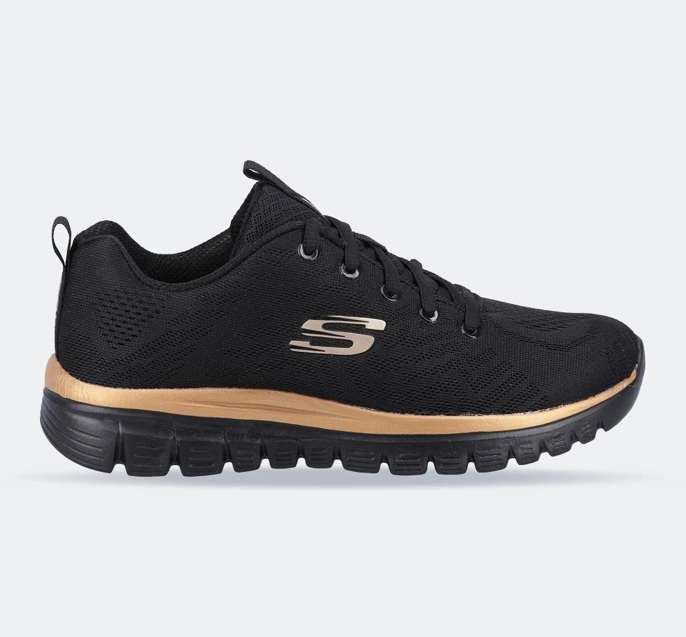 Women's Wide Fit Skechers 12615  Graceful Get Connected Sports Sneakers - Black/Rose Gold Structured grip
