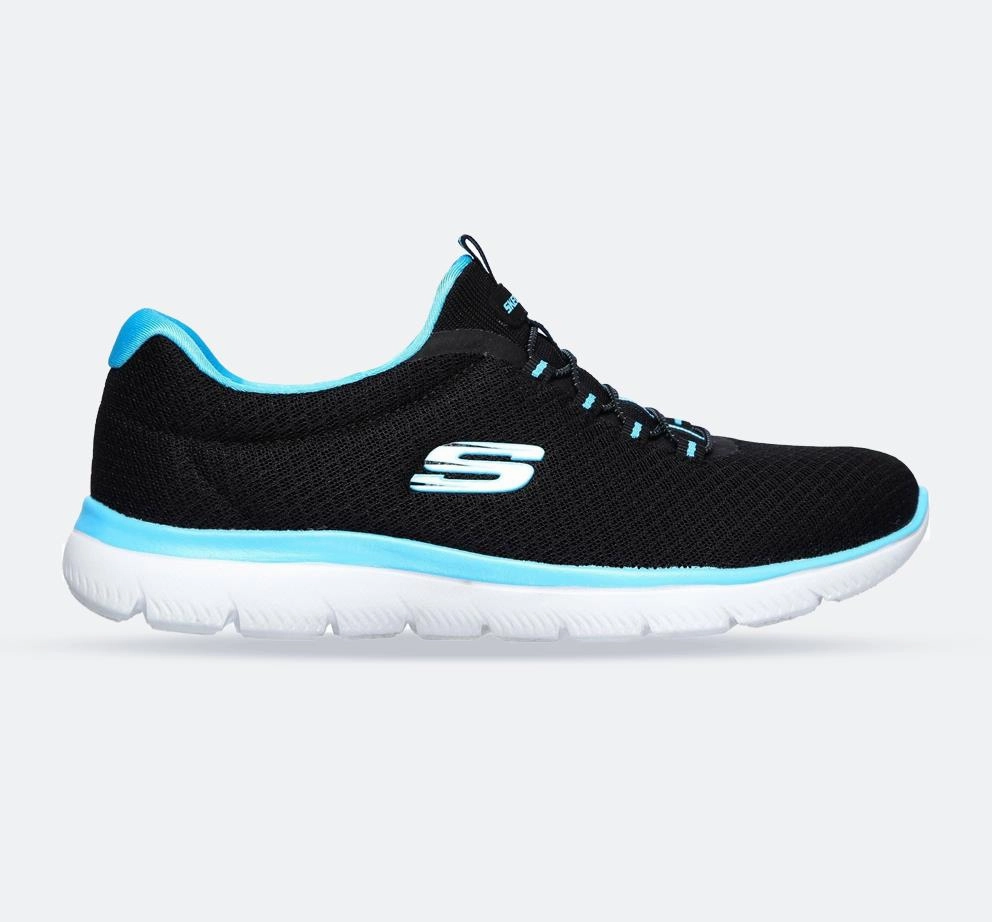 Women's Wide Fit Skechers 12980 Summits Slip On Sports Sneakers - Black/Turquoise athletic chic
