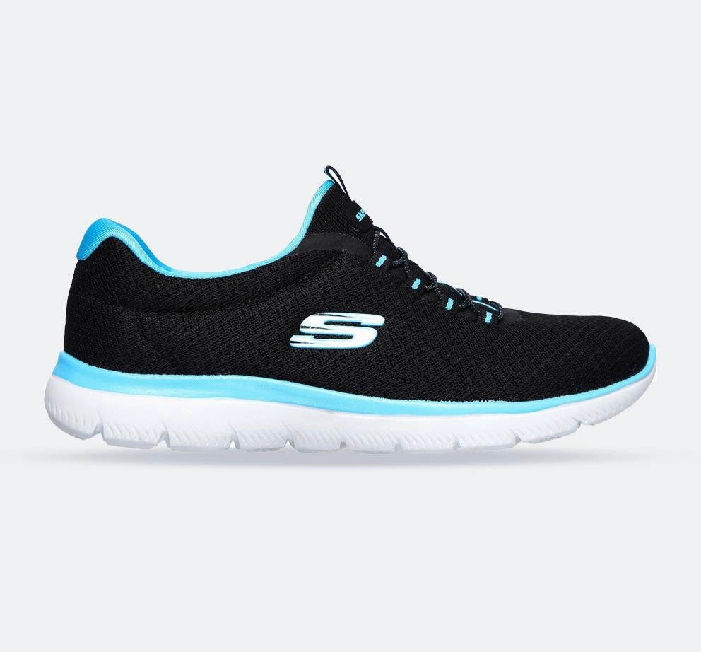 Women's Wide Fit Skechers 12980 Summits Slip On Sports Sneakers - Black/Turquoise athletic chic