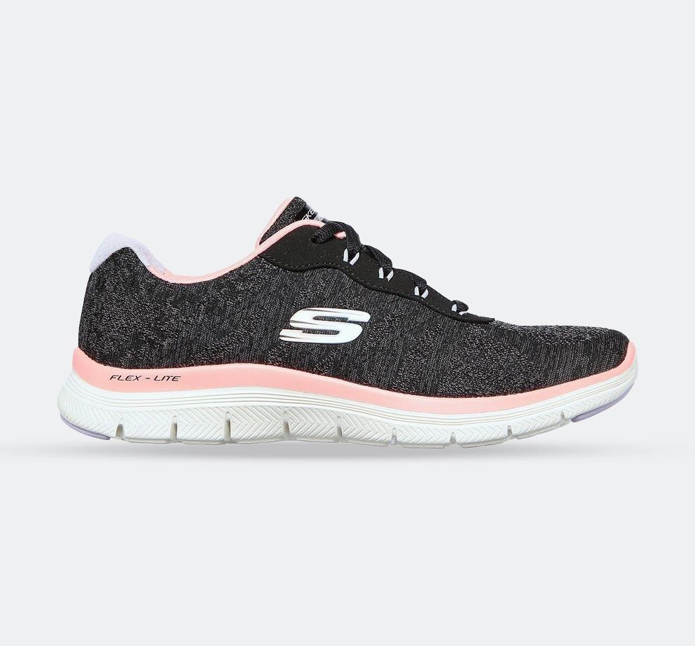 Women's Wide Fit Skechers 149570 Flex Appeal 4.0 Fresh Move Sneakers - Black/Coral Statement Piece