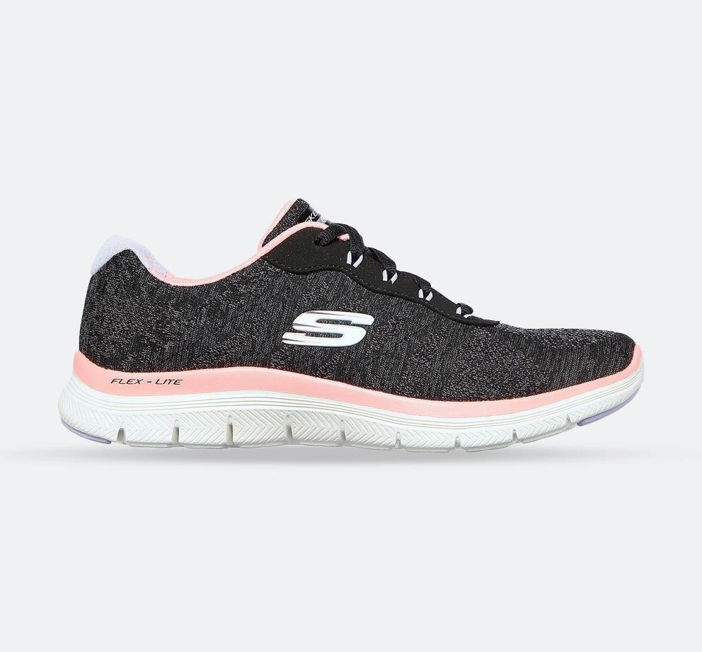 Women's Wide Fit Skechers 149570 Flex Appeal 4.0 Fresh Move Sneakers - Black/Coral Statement Piece
