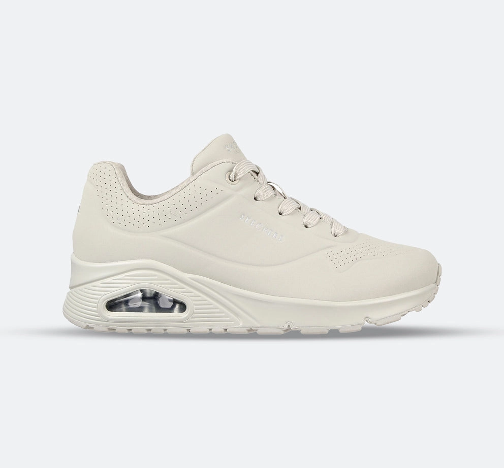 Women's Wide Fit Skechers 73690 Uno - Stand On Air Walking Sneakers - Off/White Run Smooth