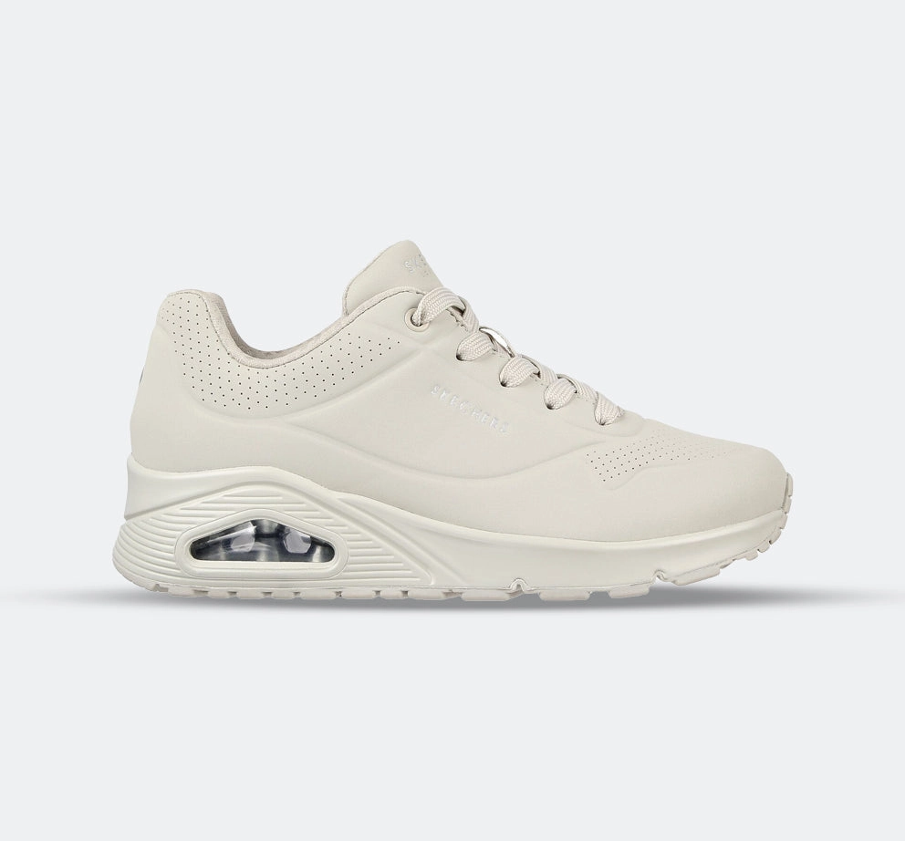 Women's Wide Fit Skechers 73690 Uno - Stand On Air Walking Sneakers - Off/White Run Smooth
