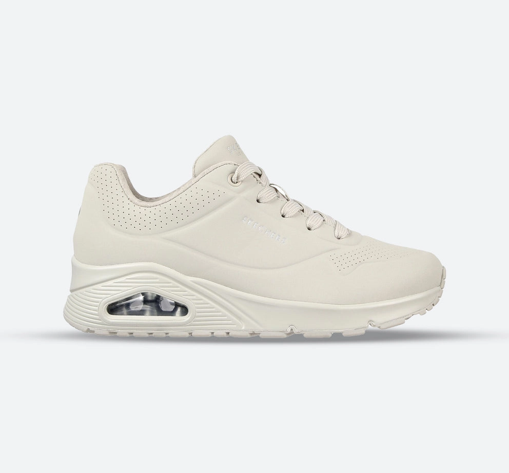 Women's Wide Fit Skechers 73690 Uno - Stand On Air Walking Sneakers - Off/White Run Smooth