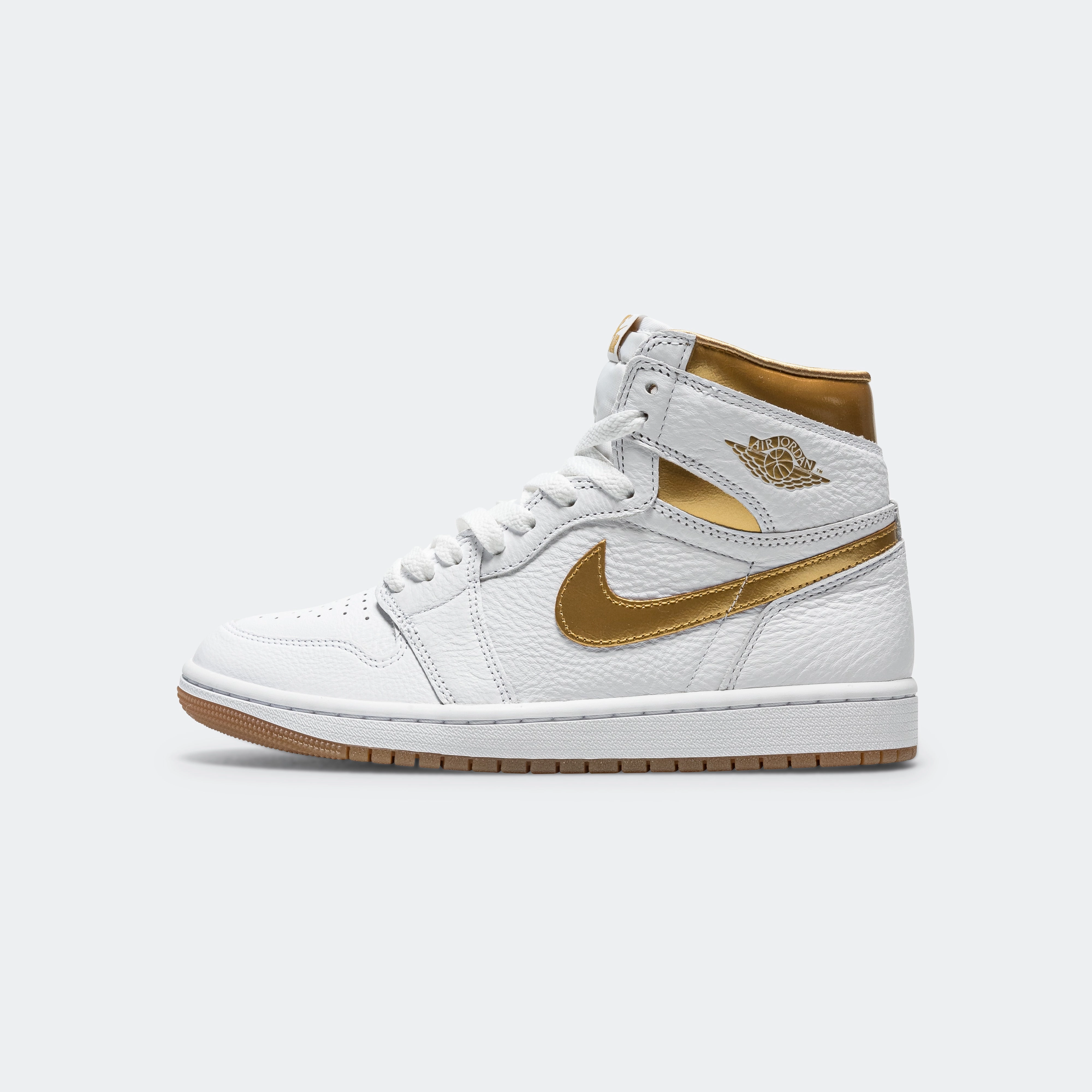 Running Vibe Go Fast Womens Air Jordan 1 Retro High OG - White/Metallic Gold-Gum Light Brown